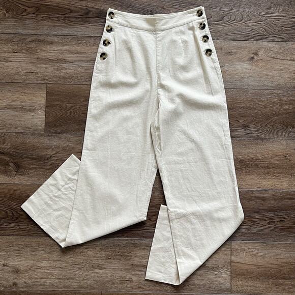 LPA Pants Womens Sm Cream Jacopo Linen Blend Side Button Hi-Rise Wide Leg Sailor - Picture 11 of 12